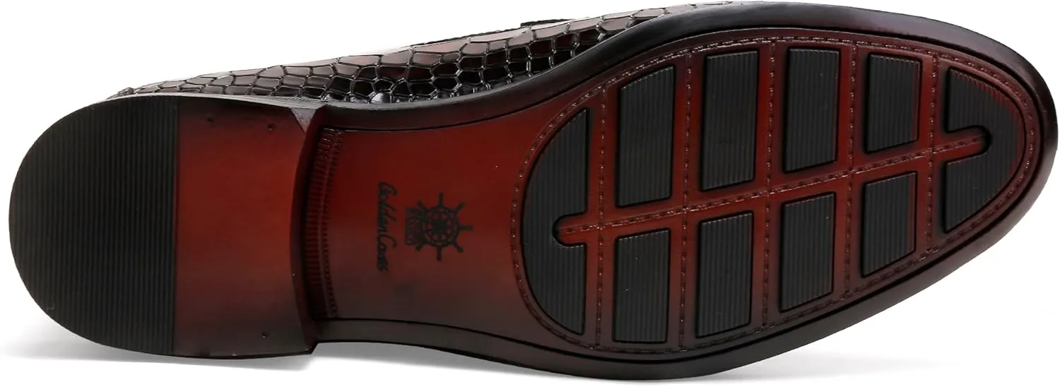 Premium Men's Leather Dress Shoes, Casual Alligator Printed Wedding Slip on Loafers Buckle Business Dress Penny Shoes for Mens