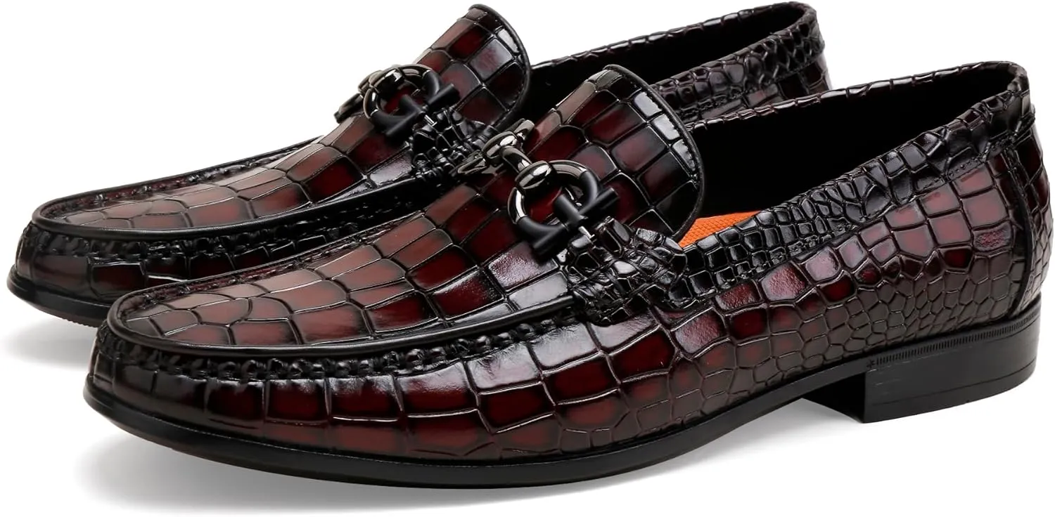 Premium Men's Leather Dress Shoes, Casual Alligator Printed Wedding Slip on Loafers Buckle Business Dress Penny Shoes for Mens