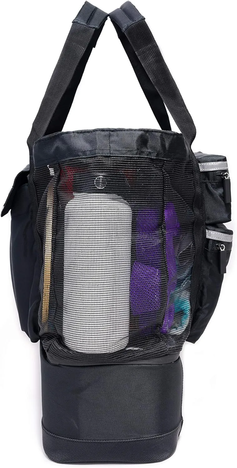 Premium Mesh Tote Bag with Zipper Top, 3 Exterior Pockets, Insulated Soft Cooler with Anti-Slip Rubber Base Guard