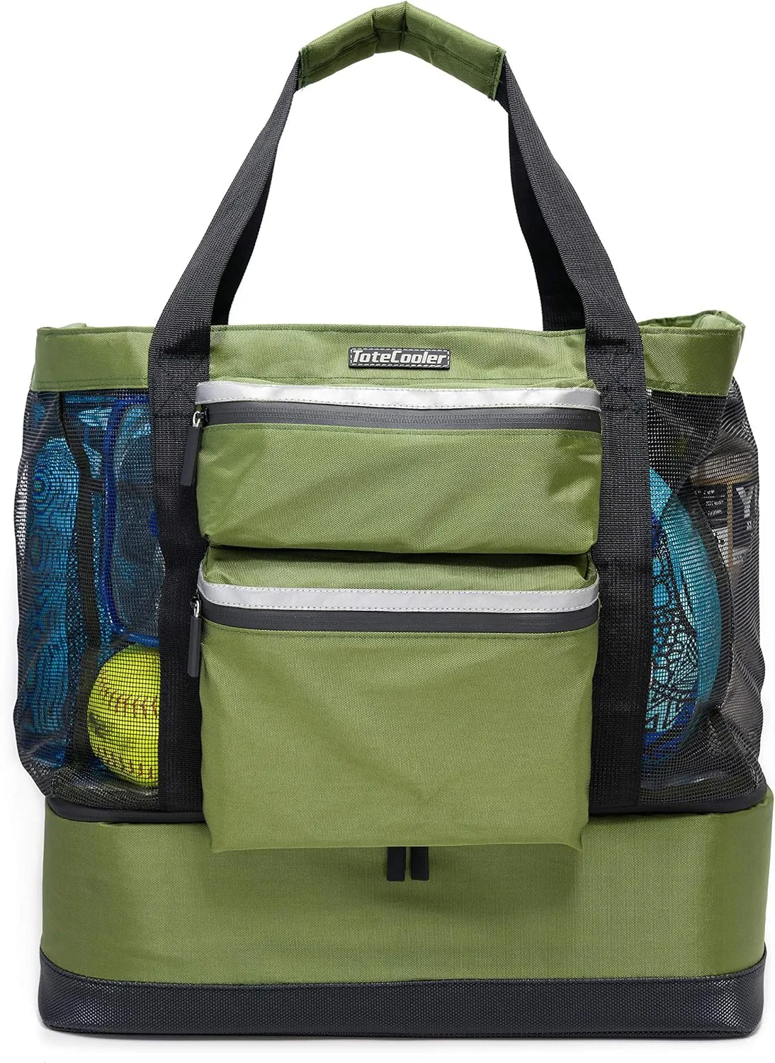 Premium Mesh Tote Bag with Zipper Top, 3 Exterior Pockets, Insulated Soft Cooler with Anti-Slip Rubber Base Guard
