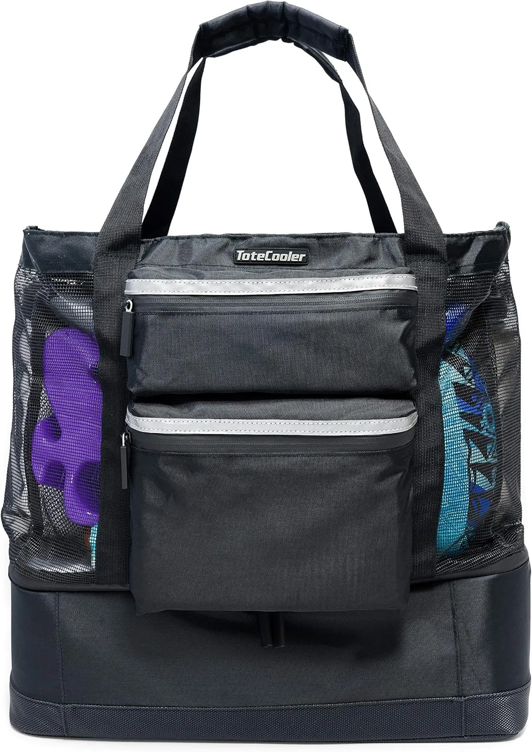Premium Mesh Tote Bag with Zipper Top, 3 Exterior Pockets, Insulated Soft Cooler with Anti-Slip Rubber Base Guard