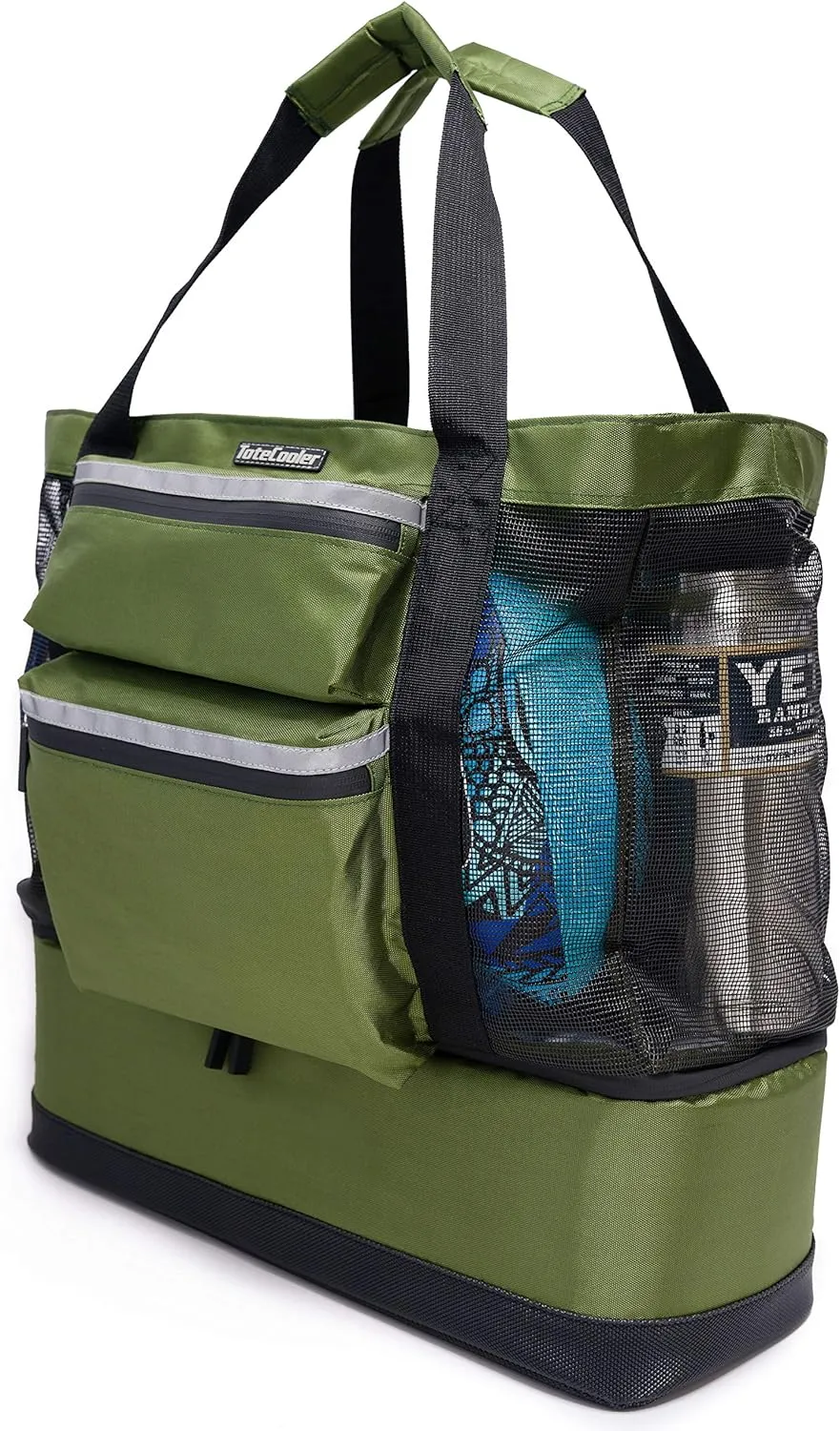 Premium Mesh Tote Bag with Zipper Top, 3 Exterior Pockets, Insulated Soft Cooler with Anti-Slip Rubber Base Guard