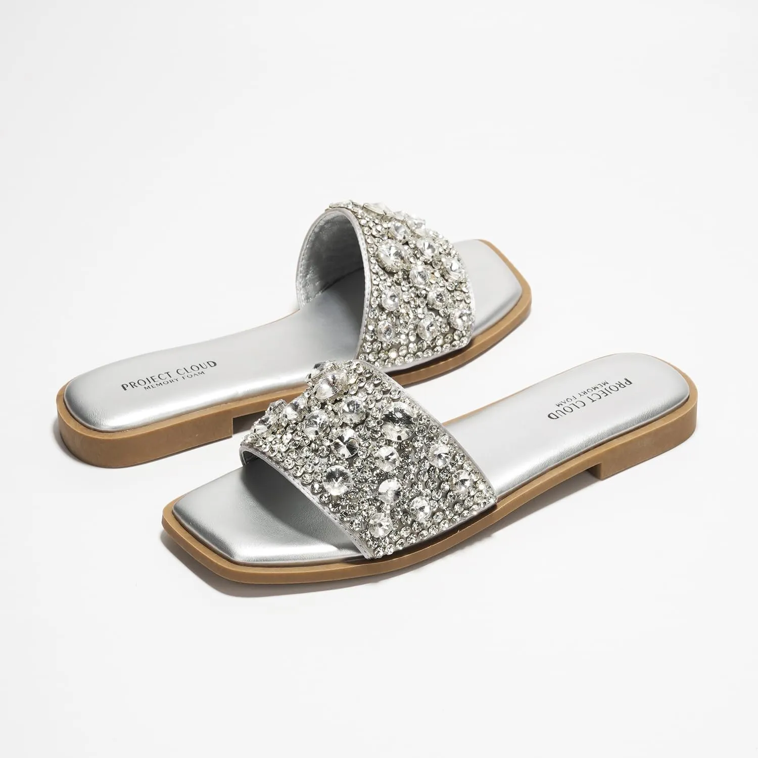 Project Cloud Womens Sandals - Rhinestone Summer Sandals for Women 2025 with Memory Foam Flats - Non-Slip Women's Slides for Women Footwear (Rosemary)