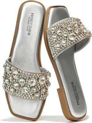 Project Cloud Womens Sandals - Rhinestone Summer Sandals for Women 2025 with Memory Foam Flats - Non-Slip Women's Slides for Women Footwear (Rosemary)