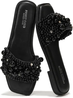 Project Cloud Womens Sandals - Rhinestone Summer Sandals for Women 2025 with Memory Foam Flats - Non-Slip Women's Slides for Women Footwear (Rosemary)