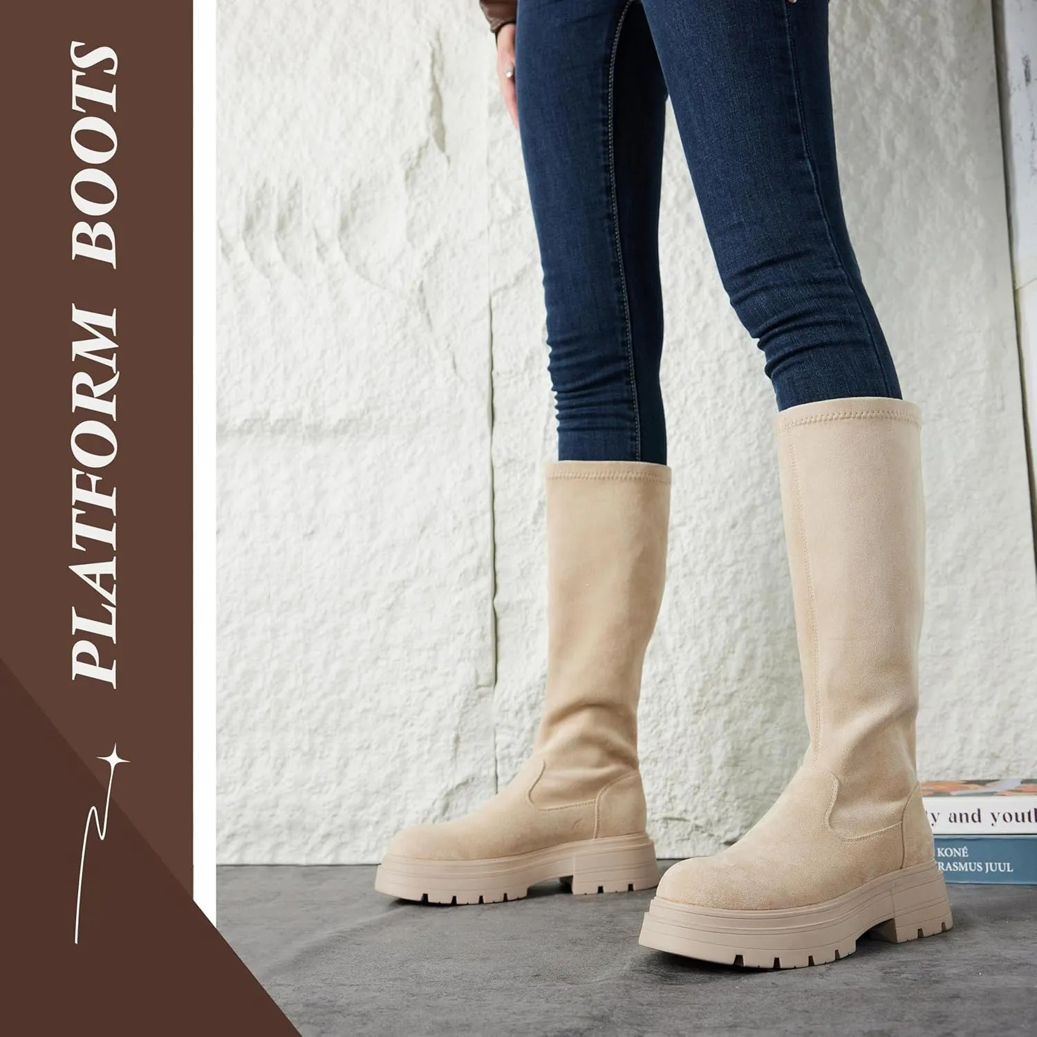 Putu Platform Knee High Boots for Women Faux Suede Tall Boots Lug Sole Knee Boots