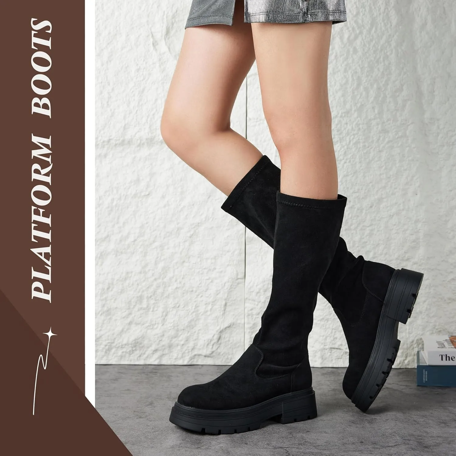 Putu Platform Knee High Boots for Women Faux Suede Tall Boots Lug Sole Knee Boots