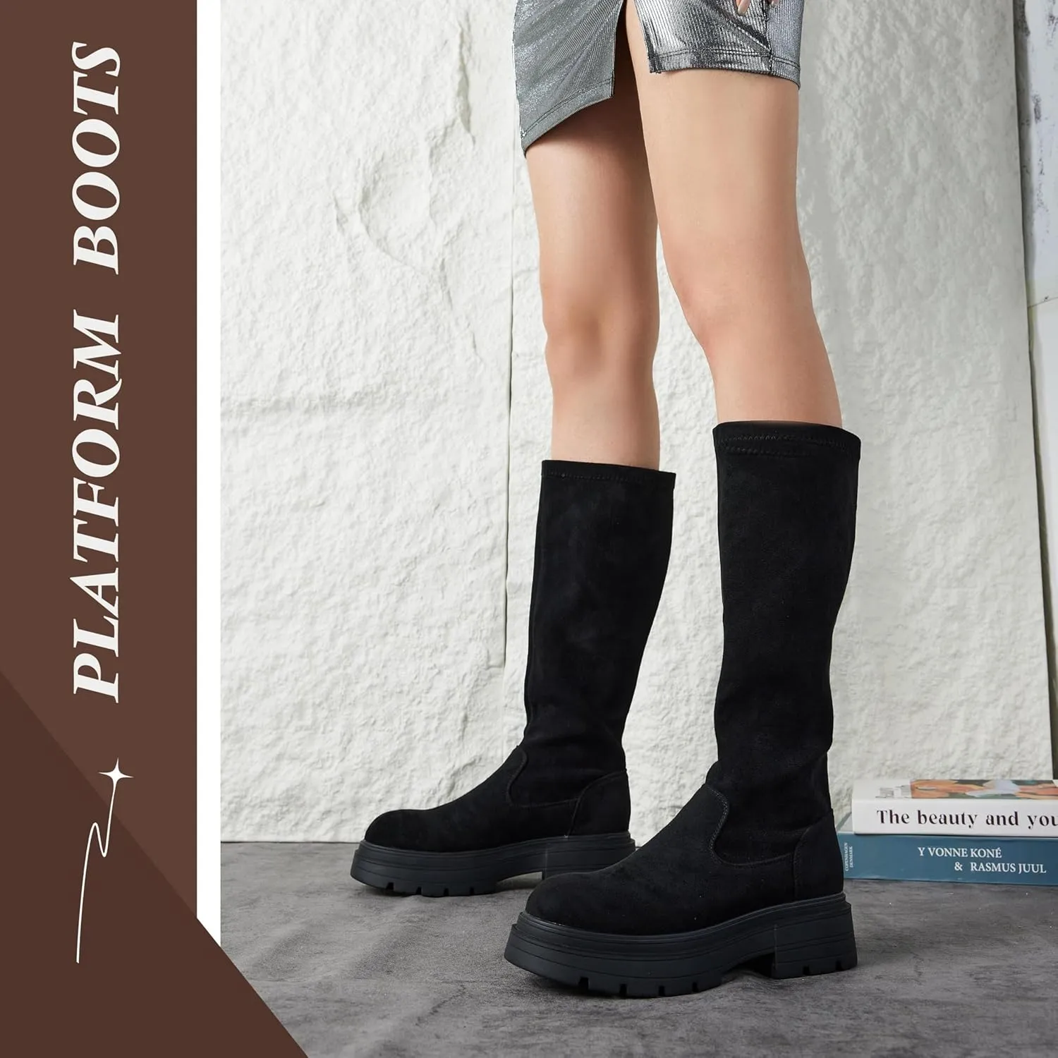 Putu Platform Knee High Boots for Women Faux Suede Tall Boots Lug Sole Knee Boots