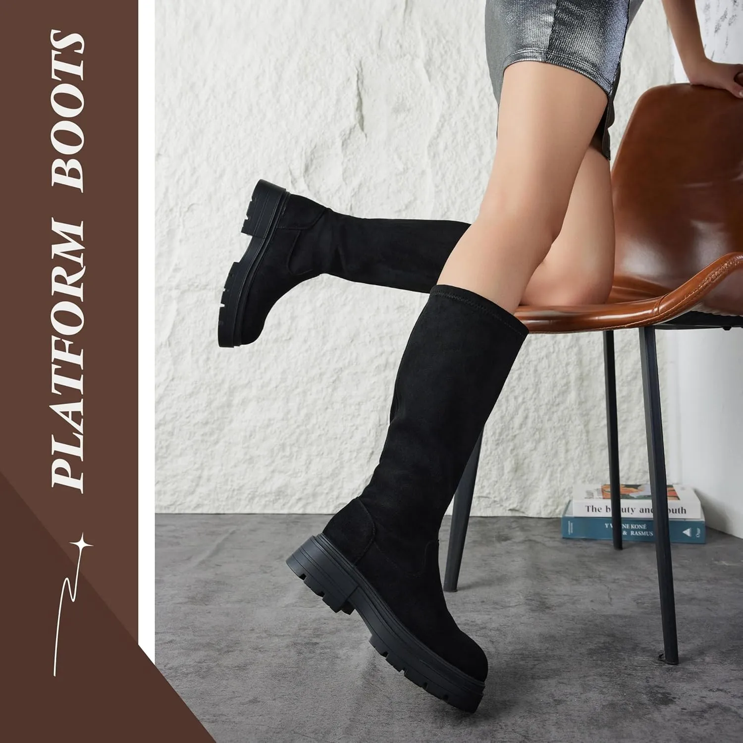 Putu Platform Knee High Boots for Women Faux Suede Tall Boots Lug Sole Knee Boots