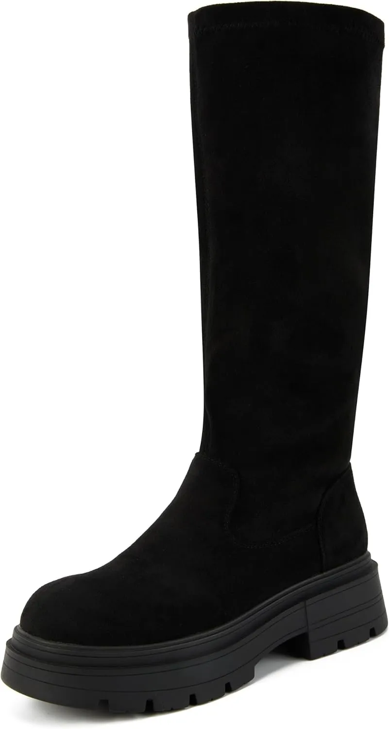 Putu Platform Knee High Boots for Women Faux Suede Tall Boots Lug Sole Knee Boots