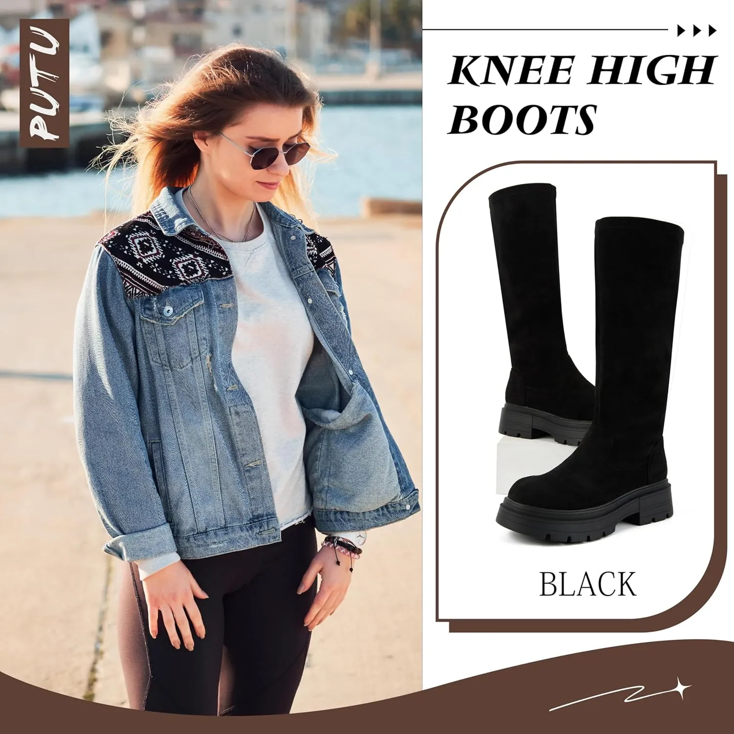 Putu Platform Knee High Boots for Women Faux Suede Tall Boots Lug Sole Knee Boots