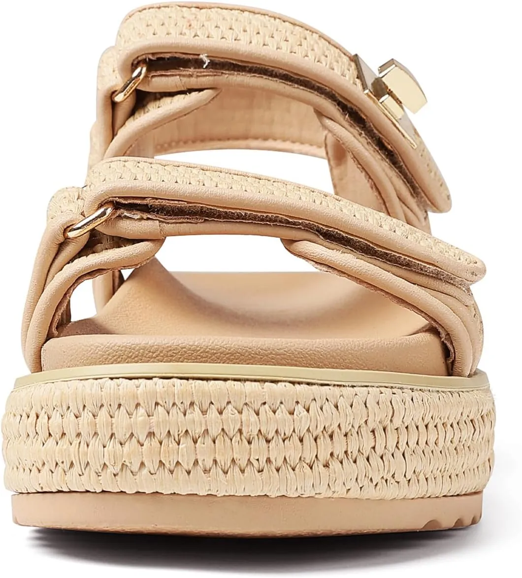 Raffia Platform Sandals Women, Summer Beach Walking Comfortable Cute Vacation Chunky Womens Sandals Slingback Adjustable Strap Buckle Sandals