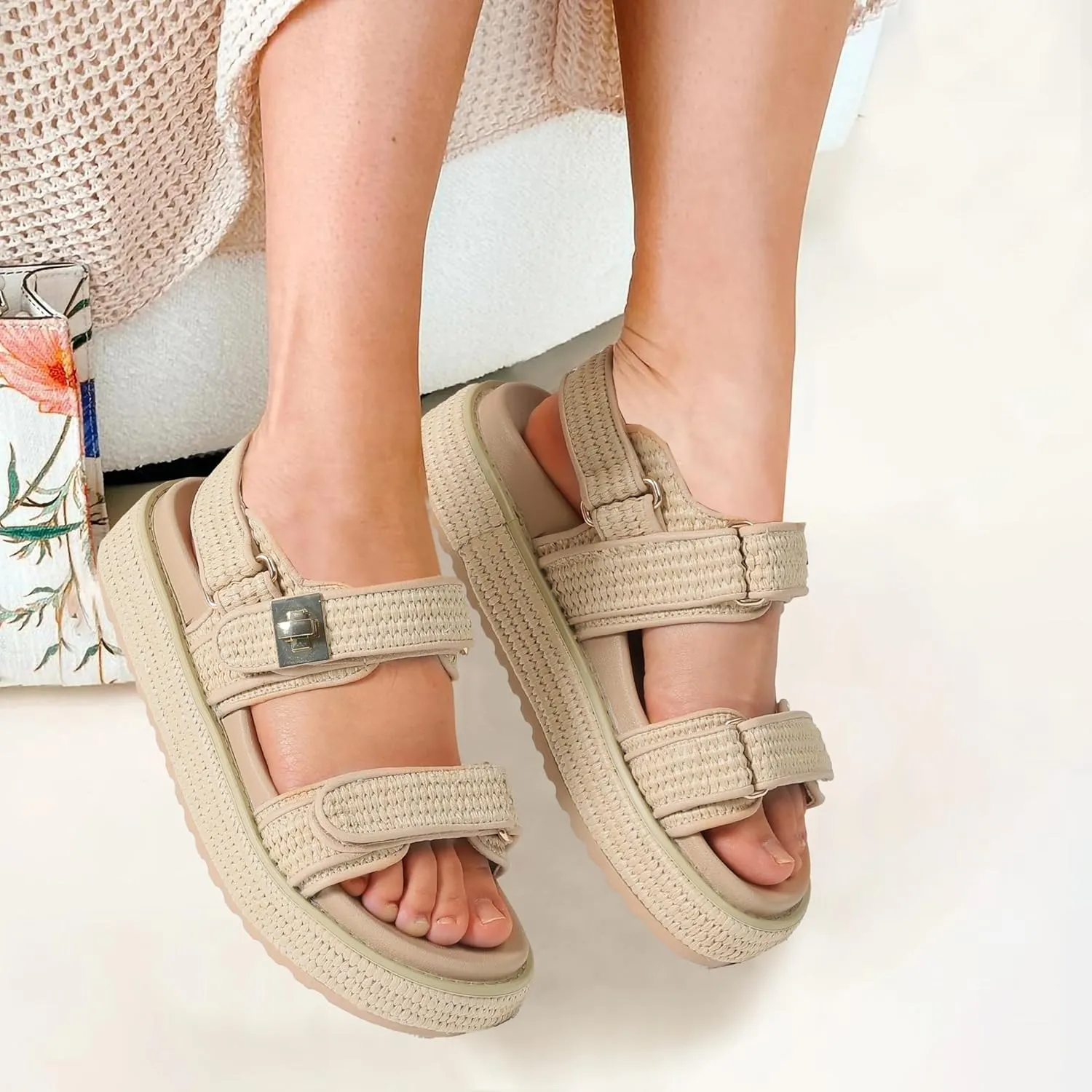 Raffia Platform Sandals Women, Summer Beach Walking Comfortable Cute Vacation Chunky Womens Sandals Slingback Adjustable Strap Buckle Sandals