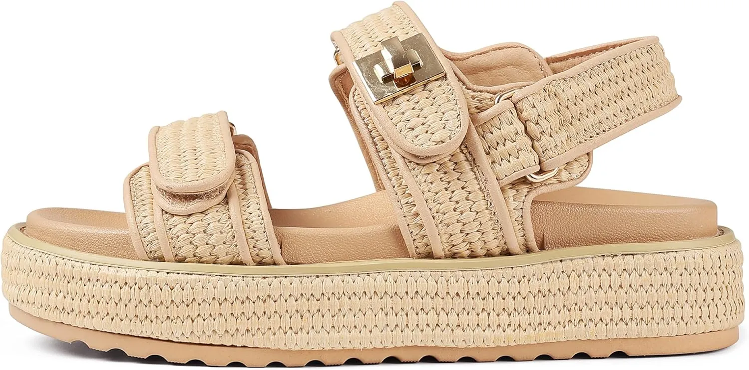 Raffia Platform Sandals Women, Summer Beach Walking Comfortable Cute Vacation Chunky Womens Sandals Slingback Adjustable Strap Buckle Sandals