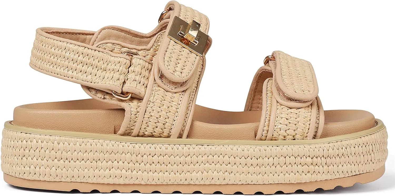 Raffia Platform Sandals Women, Summer Beach Walking Comfortable Cute Vacation Chunky Womens Sandals Slingback Adjustable Strap Buckle Sandals