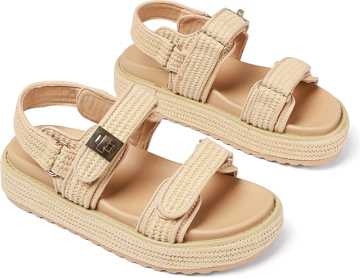 Raffia Platform Sandals Women, Summer Beach Walking Comfortable Cute Vacation Chunky Womens Sandals Slingback Adjustable Strap Buckle Sandals