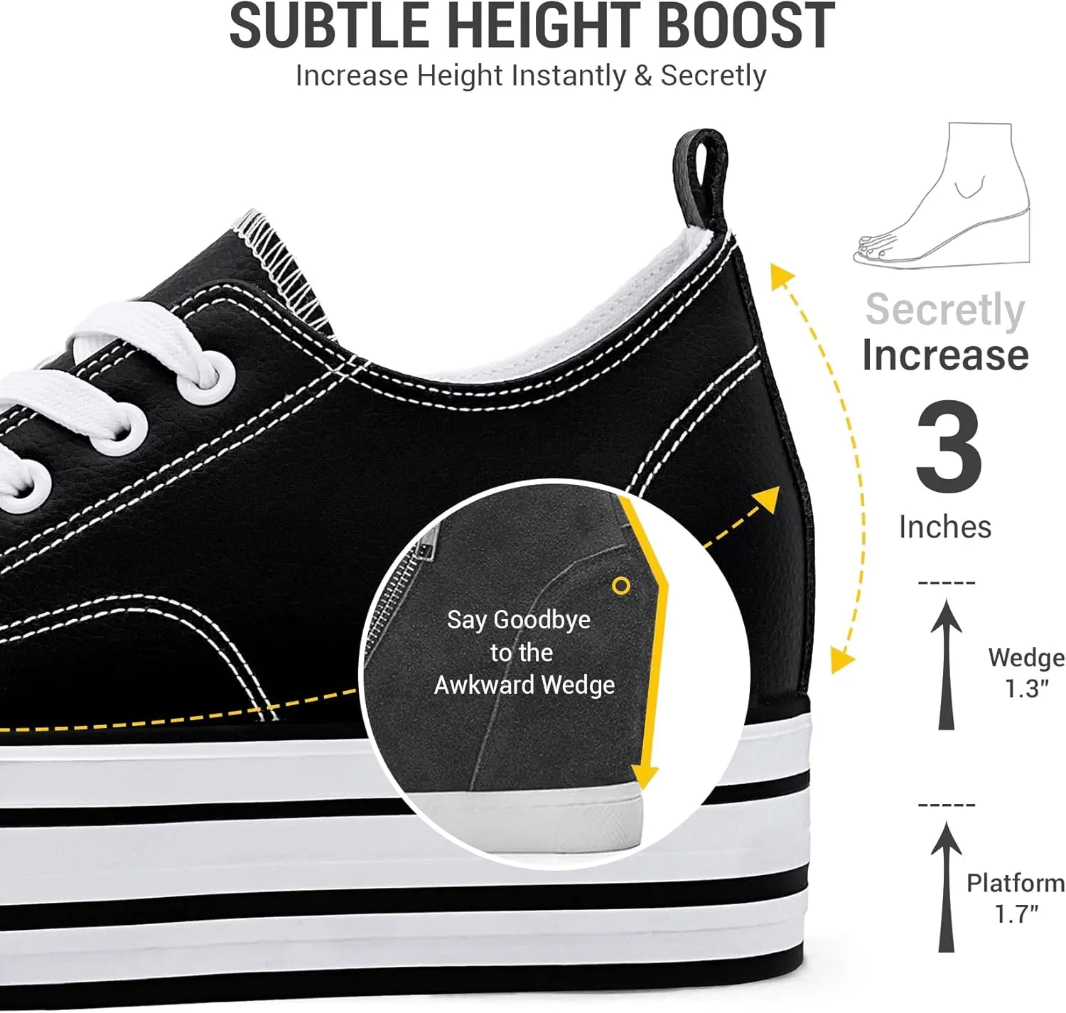 REFRASE LIFE Womens Platform Wedge Sneakers 3 Inches Height Boost Hidden Heel Shoes, Casual Height Increase Walking Fashion Shoes for Women and Girls