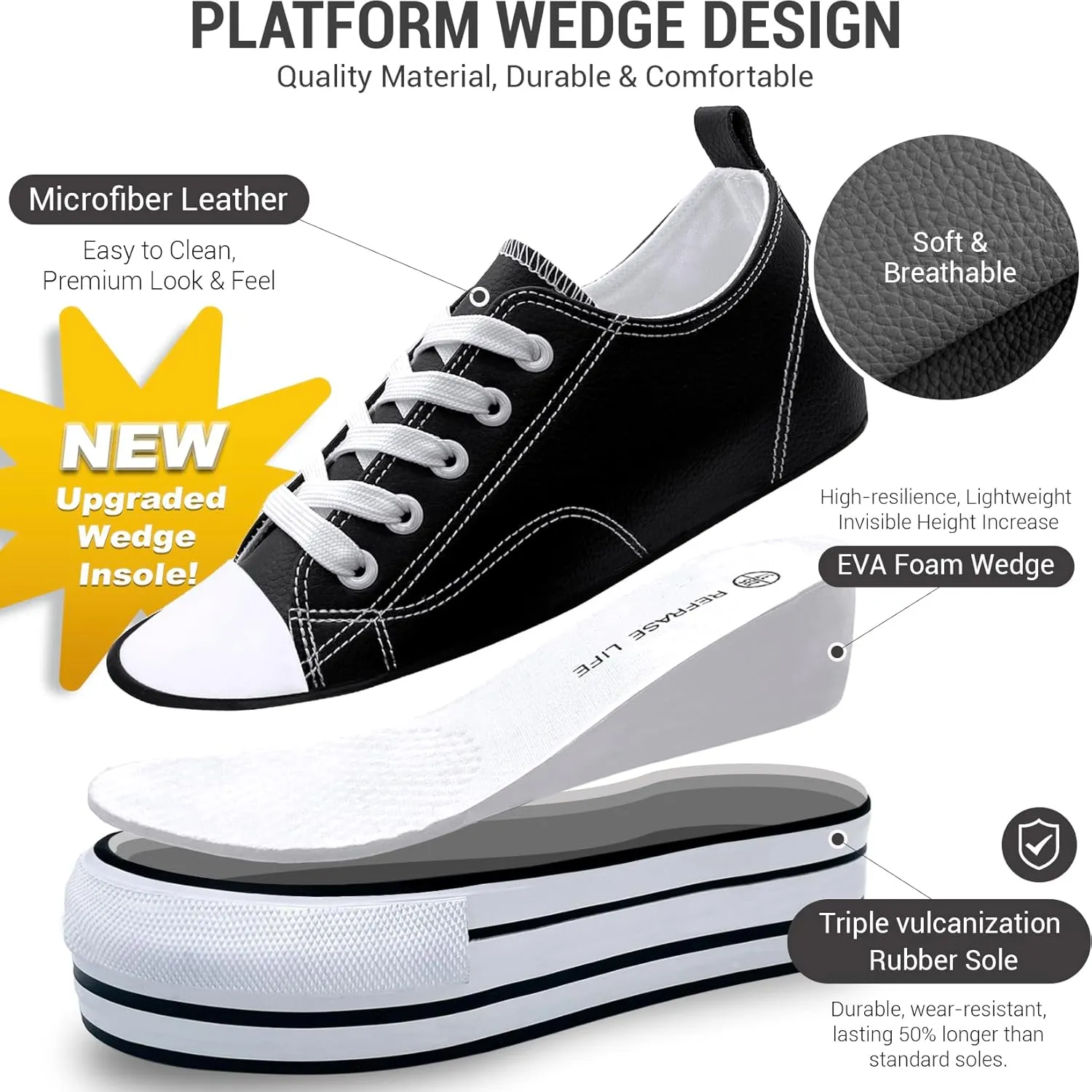 REFRASE LIFE Womens Platform Wedge Sneakers 3 Inches Height Boost Hidden Heel Shoes, Casual Height Increase Walking Fashion Shoes for Women and Girls