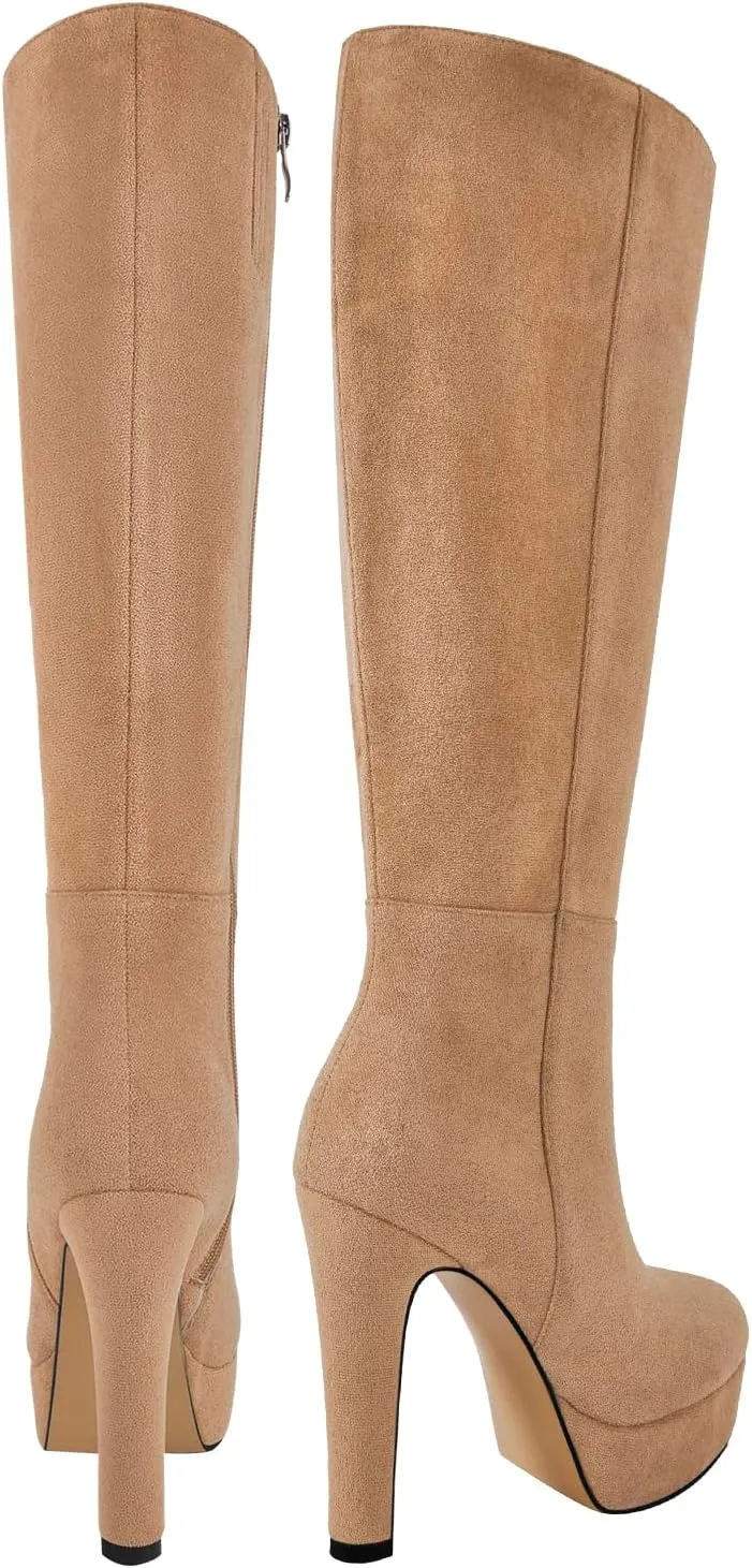 richealnini Platform Knee High Boots for Women Side Zip Up Tall Boots with Block Heel Comfort Long Boots