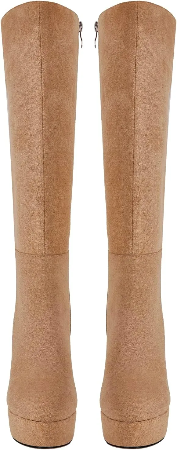 richealnini Platform Knee High Boots for Women Side Zip Up Tall Boots with Block Heel Comfort Long Boots