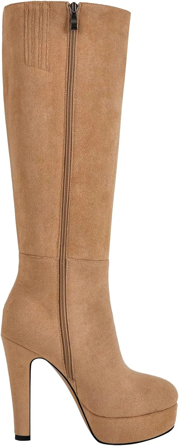 richealnini Platform Knee High Boots for Women Side Zip Up Tall Boots with Block Heel Comfort Long Boots