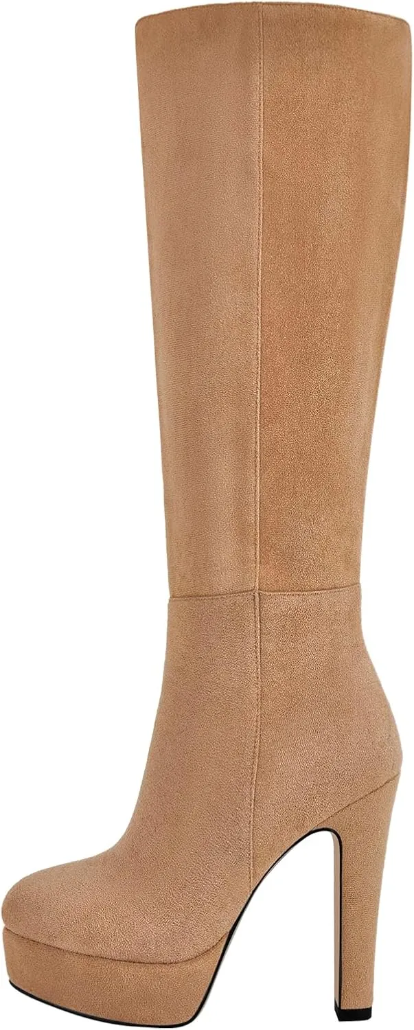 richealnini Platform Knee High Boots for Women Side Zip Up Tall Boots with Block Heel Comfort Long Boots