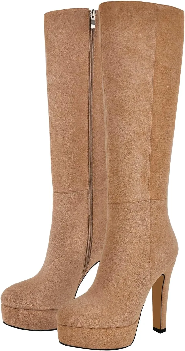 richealnini Platform Knee High Boots for Women Side Zip Up Tall Boots with Block Heel Comfort Long Boots