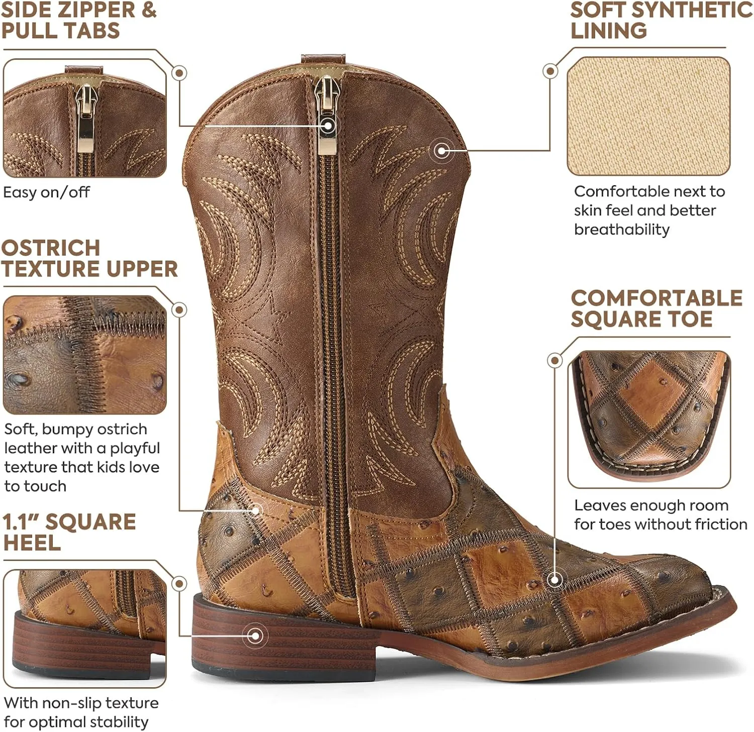 Rollda Kids Cowboy Boots Girls Cowgirl Boots Square Toe Boys Western Boots for Toddler/Little Kid/Big Kid