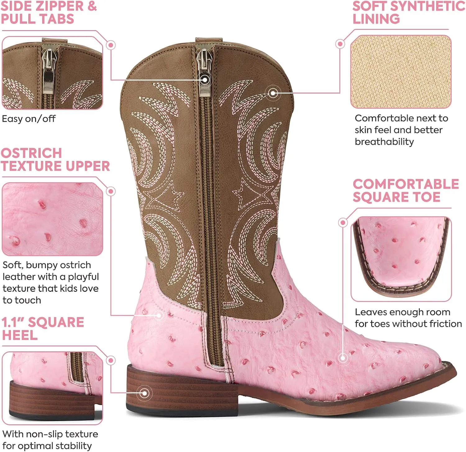 Rollda Kids Cowboy Boots Girls Cowgirl Boots Square Toe Boys Western Boots for Toddler/Little Kid/Big Kid