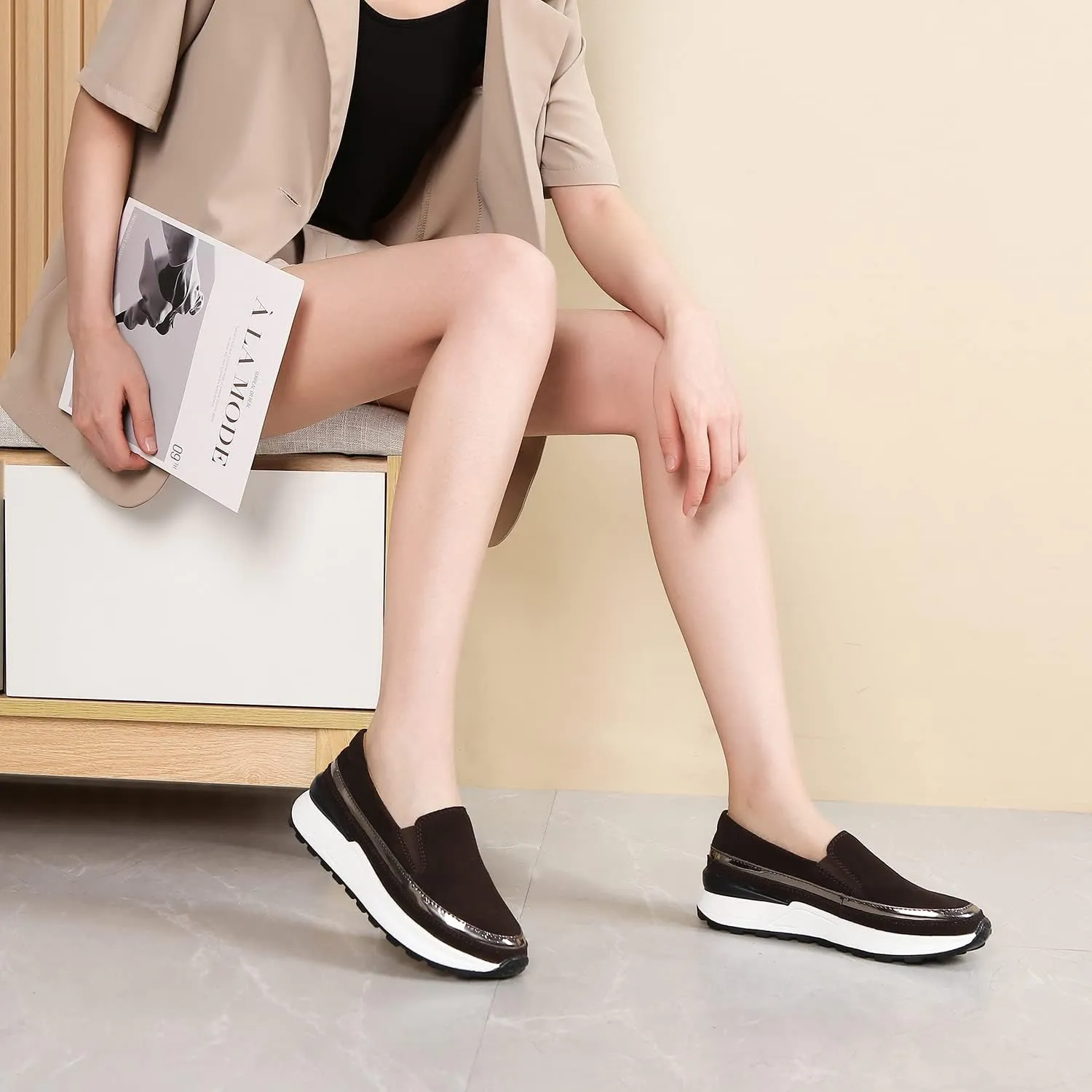 Ruiatoo Platform Shoes for Women Comfort Slip on Suede Moccasins Low Top Casual Wedge Loafers