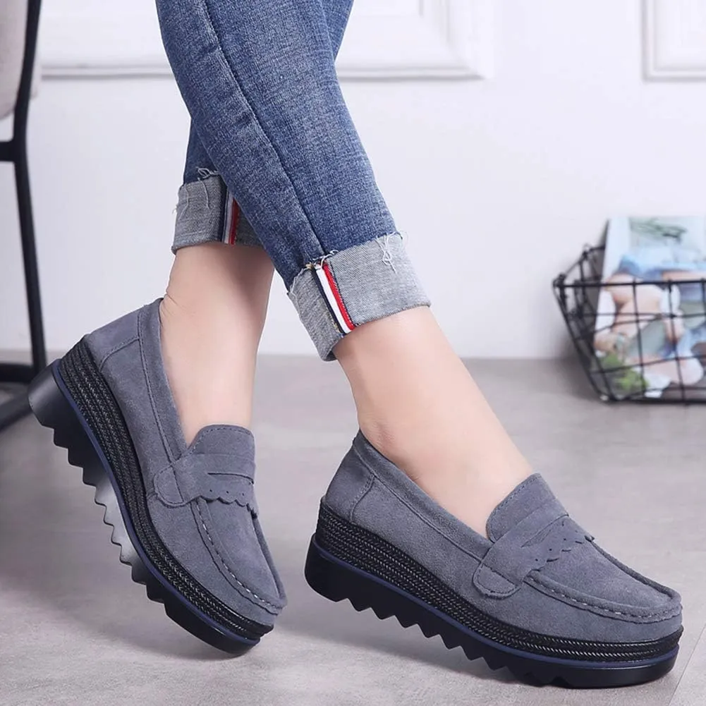 Ruitaoo Women's Slip On Platform Loafers Comfort Suede Wedge Shoes Low Top Moccasins for Casual and Daily