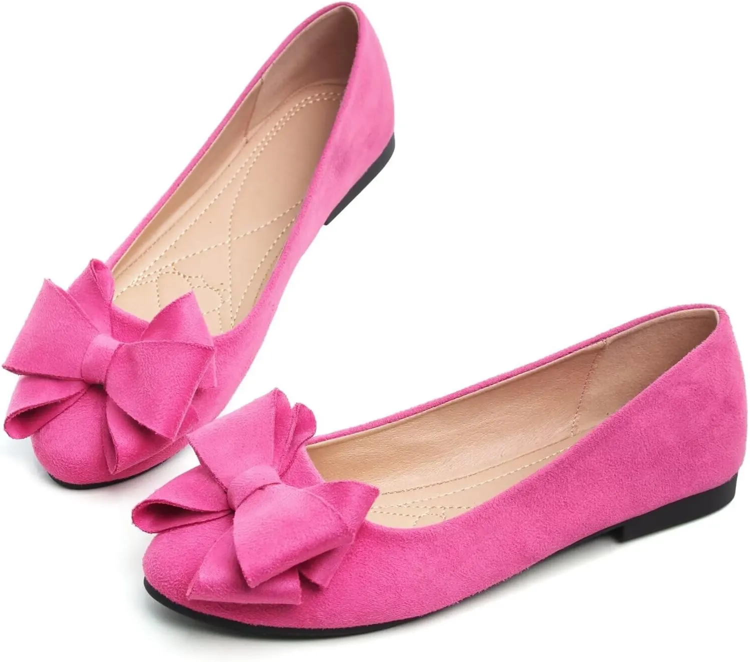 SAILING LU Womens Round Toe Ballerina Shoes Cute Bow Flats Soft Suede Comfortable Slip-ons Solid Color Office Lady Walking Shoes