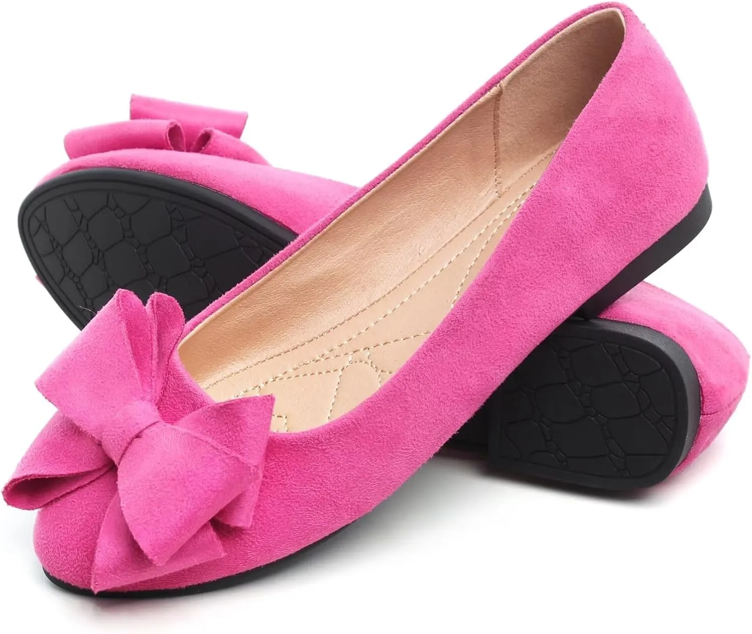 SAILING LU Womens Round Toe Ballerina Shoes Cute Bow Flats Soft Suede Comfortable Slip-ons Solid Color Office Lady Walking Shoes