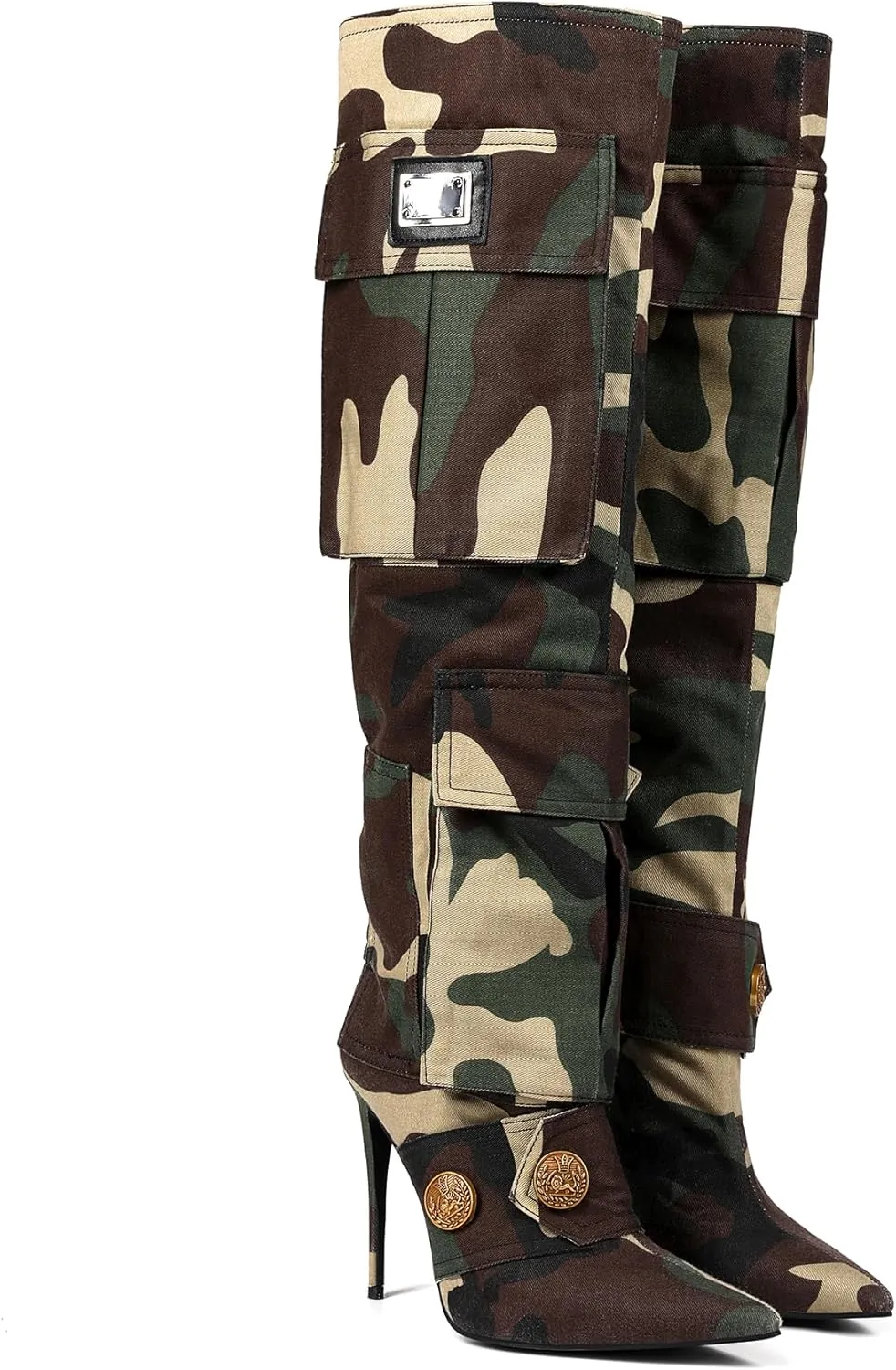Saint Leia Women's Camouflage Green High Heel Knee-High Boots Pointed-Toe Fashion Tall Boots for Ladies Party Date Dress