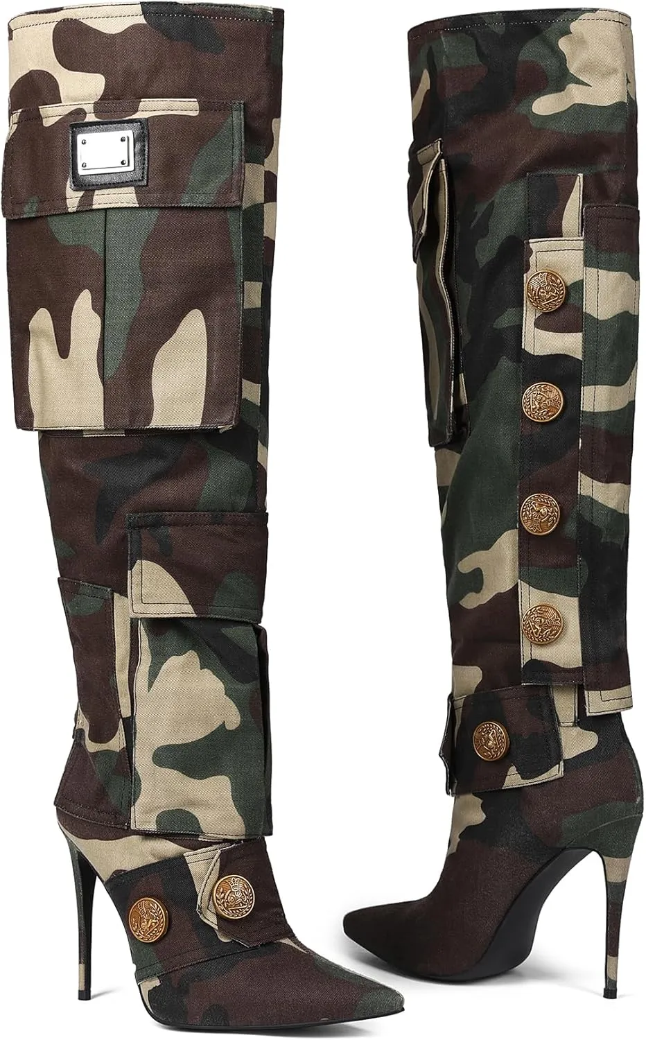 Saint Leia Women's Camouflage Green High Heel Knee-High Boots Pointed-Toe Fashion Tall Boots for Ladies Party Date Dress