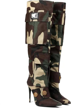 Saint Leia Women's Camouflage Green High Heel Knee-High Boots Pointed-Toe Fashion Tall Boots for Ladies Party Date Dress
