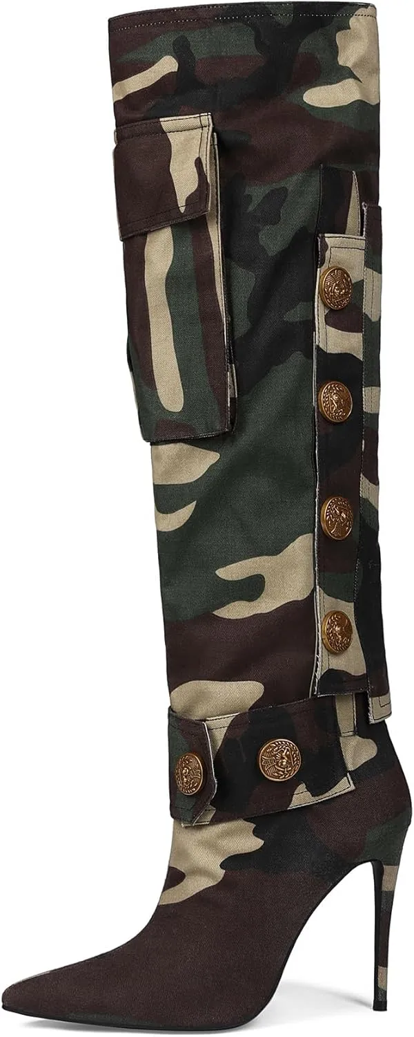 Saint Leia Women's Camouflage Green High Heel Knee-High Boots Pointed-Toe Fashion Tall Boots for Ladies Party Date Dress