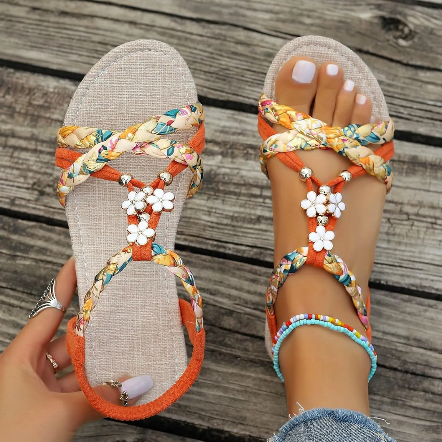 Sandals for Women 2025 Open Toe Jeweled Flat Sandals Summer Casual Bohemian Beach Sandal Weave Lightweight Shoes