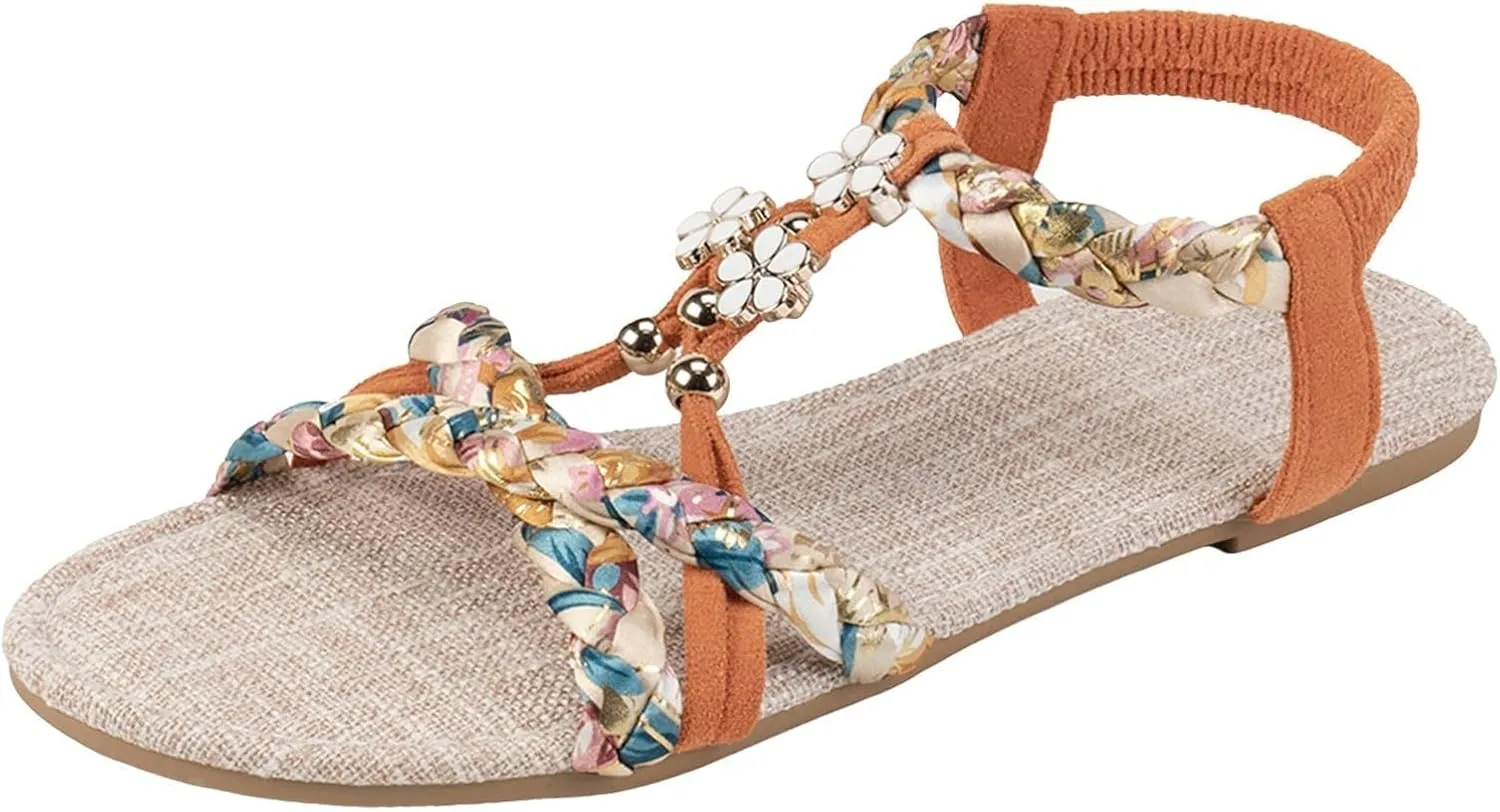 Sandals for Women 2025 Open Toe Jeweled Flat Sandals Summer Casual Bohemian Beach Sandal Weave Lightweight Shoes