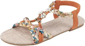 Sandals for Women 2025 Open Toe Jeweled Flat Sandals Summer Casual Bohemian Beach Sandal Weave Lightweight Shoes