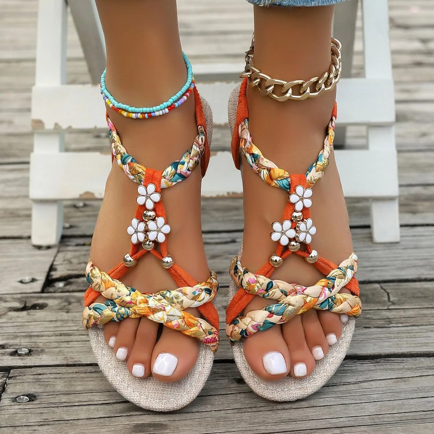 Sandals for Women 2025 Open Toe Jeweled Flat Sandals Summer Casual Bohemian Beach Sandal Weave Lightweight Shoes