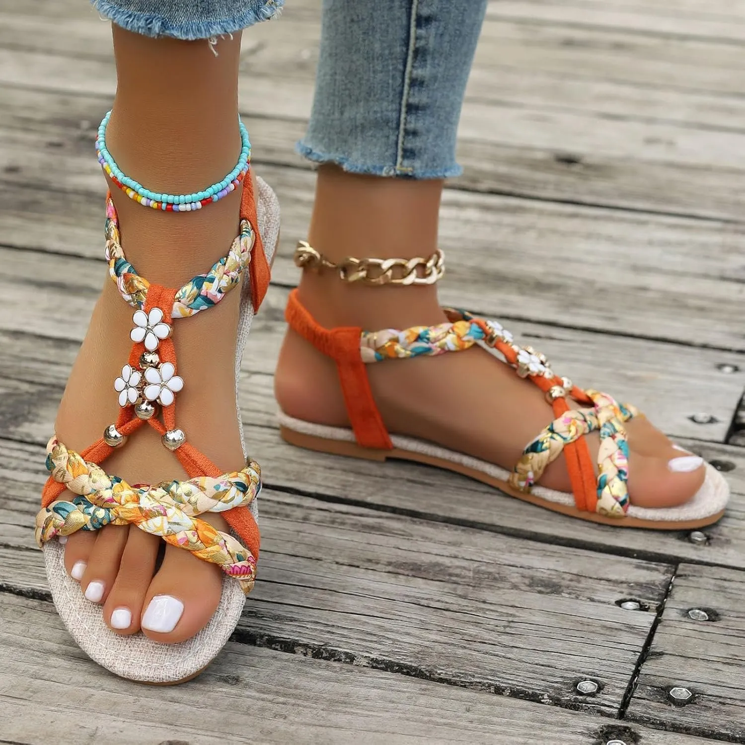 Sandals for Women 2025 Open Toe Jeweled Flat Sandals Summer Casual Bohemian Beach Sandal Weave Lightweight Shoes