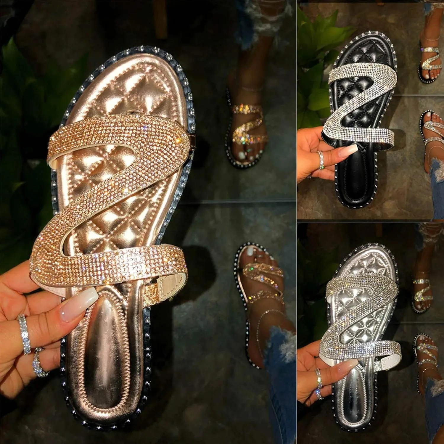 Sandals for Women Flat,Slide Sandals for Women Cork Sole Canvas Summer Cute Knot Bow Ladies Slides Sandals for Women