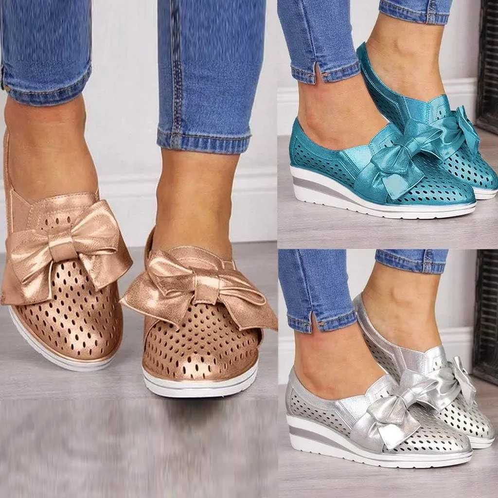 Sandals for Women Platform, Pointed Toe Breathable Wedges Loafers Bowknot Hollow Out Walking Shoes Beach Casual Sandals