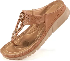 Sandals for Women Wedge Shoes: Casual Summer Comfortable Cushioned FootBed Bohemia Rhinestone Work Womens Flip Flops for Office Travel