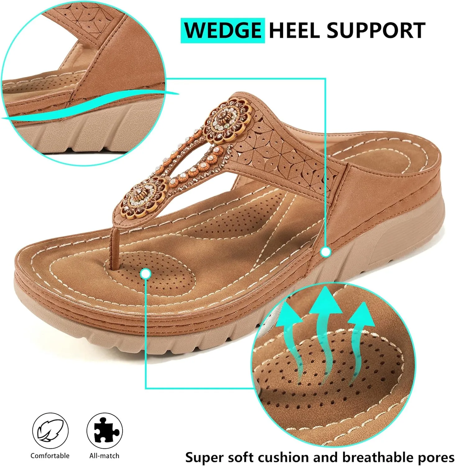 Sandals for Women Wedge Shoes: Casual Summer Comfortable Cushioned FootBed Bohemia Rhinestone Work Womens Flip Flops for Office Travel