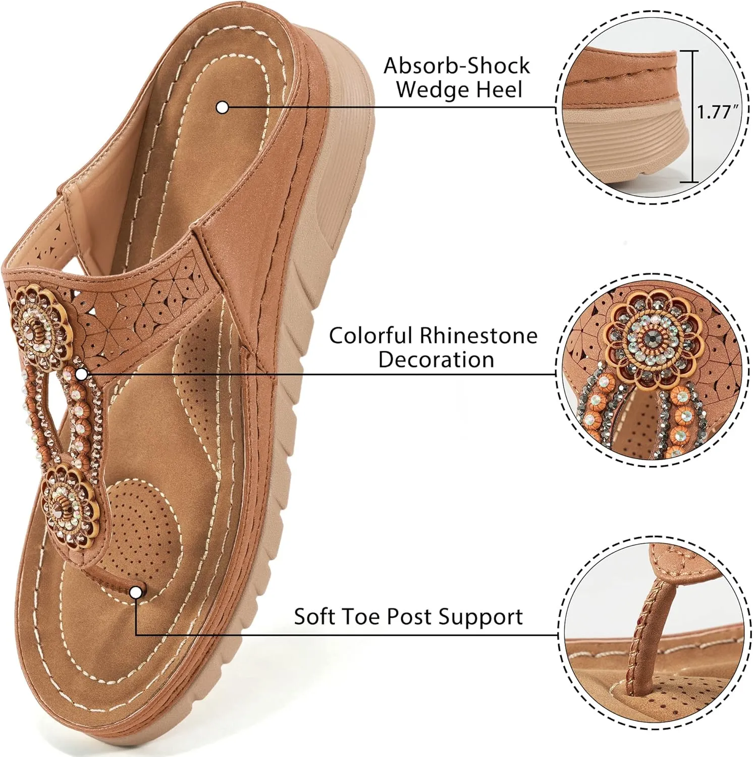 Sandals for Women Wedge Shoes: Casual Summer Comfortable Cushioned FootBed Bohemia Rhinestone Work Womens Flip Flops for Office Travel