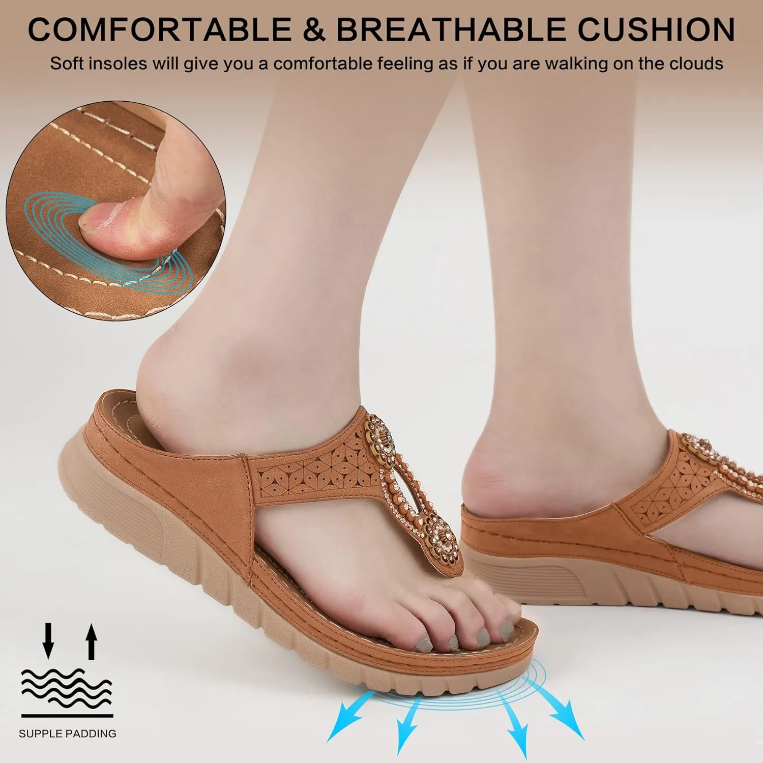 Sandals for Women Wedge Shoes: Casual Summer Comfortable Cushioned FootBed Bohemia Rhinestone Work Womens Flip Flops for Office Travel