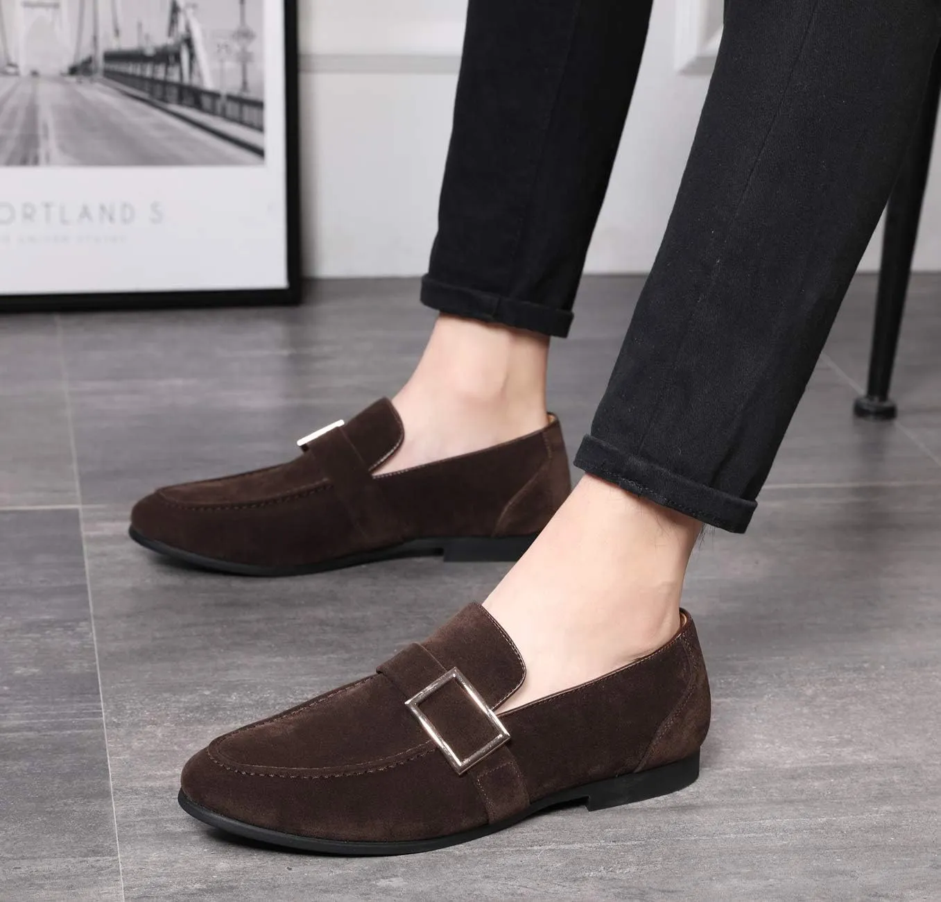Santimon Casual Dress Shoes Men Slip on Driving Flats Suede Smoking Slipper Buckle Moccasins Loafers Black Brown Tan