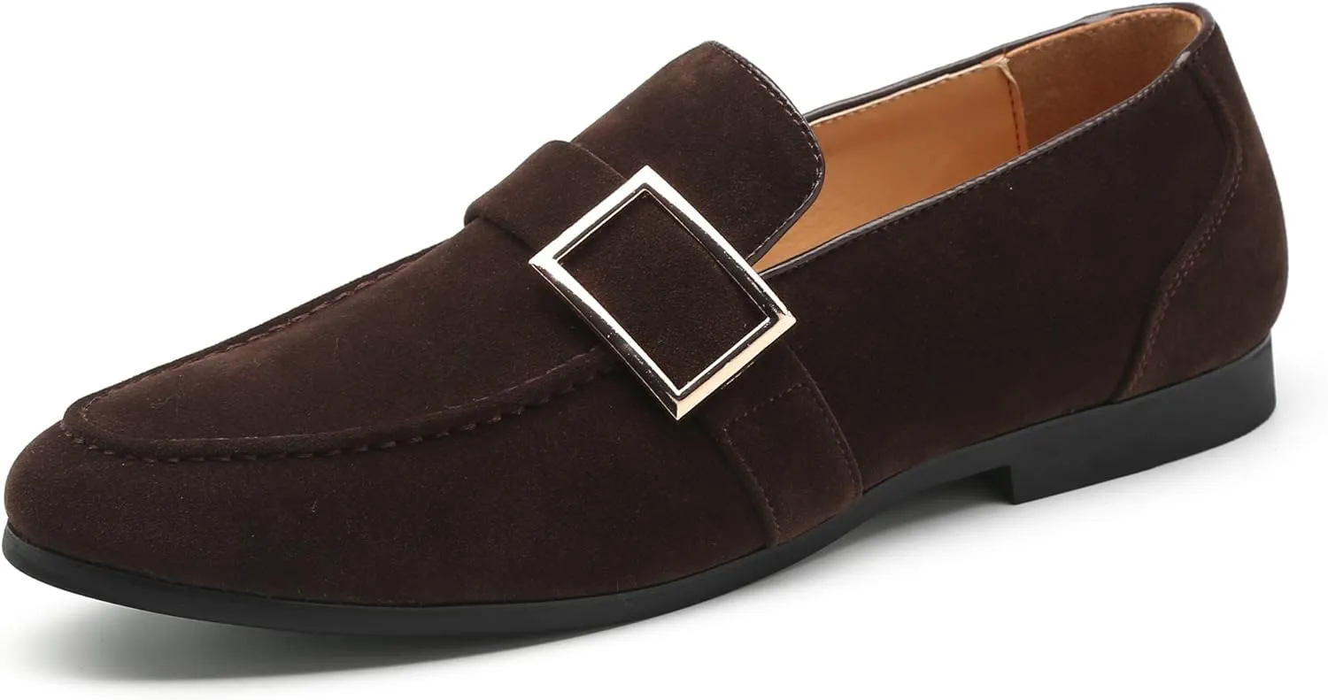Santimon Casual Dress Shoes Men Slip on Driving Flats Suede Smoking Slipper Buckle Moccasins Loafers Black Brown Tan